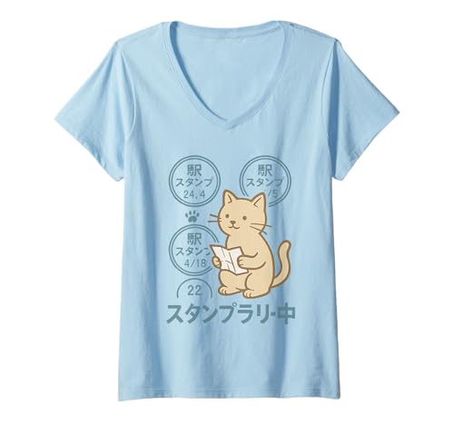 Damen Japanischer Zugstempel Katze für Japan-Reisefans T-Shirt mit V-Ausschnitt von Neko Travel Club