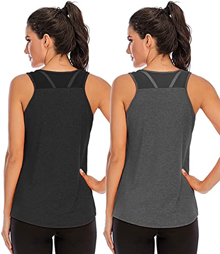 Damen Yoga Fitness Tank Top Locker Mädchen Sport Tshirt Training Jogging Running Shirt Ärmelloses Mesh Zurück Sportbekleidung Schwarz Grau S, 2er Pack von Nekosi