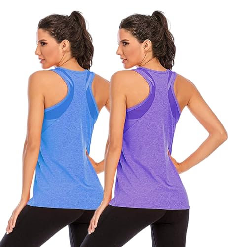 Nekosi Damen Sporttop Yoga Tank Top Oberteil Laufen Fitness Ärmelloses Mesh Zurück Funktions Shirt Lila Blau Groß, 2er Pack von Nekosi