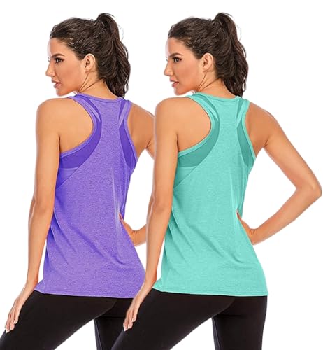 Nekosi Damen Sporttop Yoga Tank Top Oberteil Laufen Fitness Ärmelloses Mesh Zurück Funktions Shirt Lila Grün Groß, 2er Pack von Nekosi