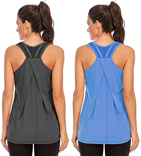 Nekosi Damen Yoga Tanktops Ärmelloses Sportshirt Kleidung Mesh Zurück Fitness Laufen Shirt Sport Oberteile Grau Blau X-Groß, 2er Pack von Nekosi