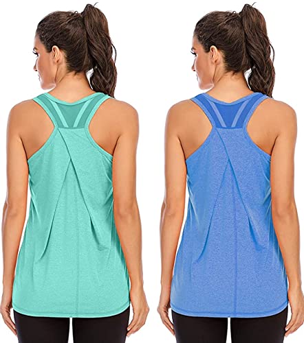 Nekosi Damen Yoga Tanktops Ärmelloses Sportshirt Kleidung Mesh Zurück Fitness Laufen Shirt Sport Oberteile Grün Blau X-Groß, 2er Pack von Nekosi