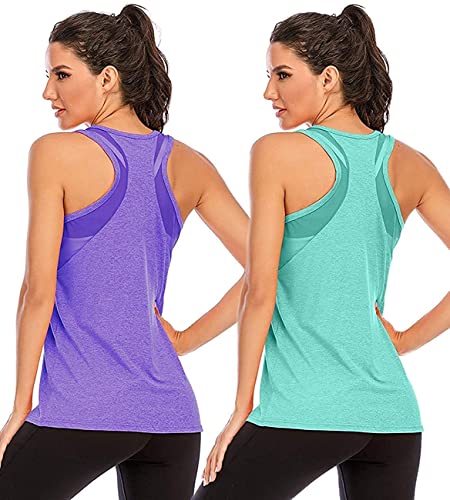 Nekosi Damen Yoga Tanktops Ärmelloses Sportshirt Kleidung Mesh Zurück Fitness Laufen Shirt Sport Oberteile Lila Grün X-Groß, 2er Pack von Nekosi