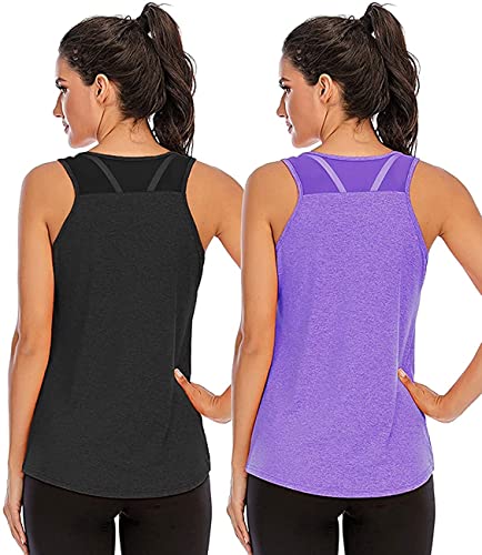 Nekosi Damen Yoga Tanktops Ärmelloses Sportshirt Kleidung Mesh Zurück Fitness Laufen Shirt Sport Oberteile Schwarz Lila L, 2er Pack von Nekosi