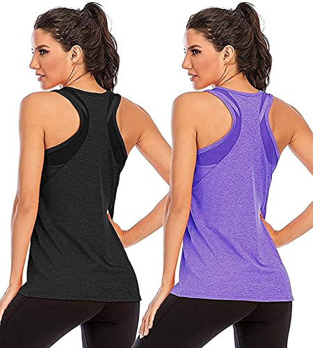 Nekosi Damen Yoga Tanktops Ärmelloses Sportshirt Kleidung Mesh Zurück Fitness Laufen Shirt Sport Oberteile Schwarz Lila X-Groß, 2er Pack von Nekosi