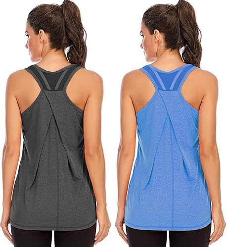 Nekosi Laufshirt Für Damen Atmungsaktives Netz Rücken Sportshirt Mädchen Yoga Training Jogging Sport Tops Grau Blau Mittel, 2er Pack von Nekosi