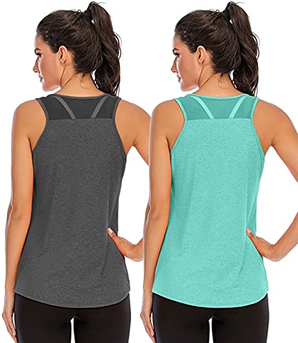 Nekosi Laufshirt Für Damen Atmungsaktives Netz Rücken Sportshirt Mädchen Yoga Training Jogging Sport Tops Grau Grün M, 2er Pack von Nekosi