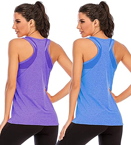 Nekosi Laufshirt Für Damen Atmungsaktives Netz Rücken Sportshirt Mädchen Yoga Training Jogging Sport Tops Lila Blau Mittel, 2er Pack von Nekosi