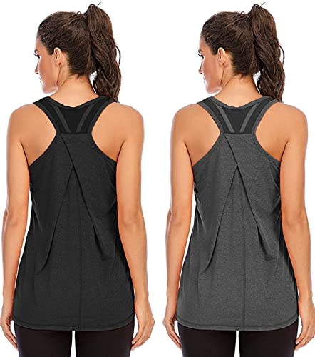 Nekosi Laufshirt Für Damen Atmungsaktives Netz Rücken Sportshirt Mädchen Yoga Training Jogging Sport Tops Schwarz Grau Klein, 2er Pack von Nekosi