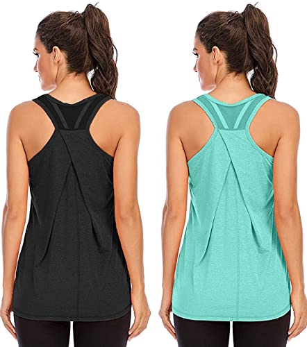 Nekosi Laufshirt Für Damen Atmungsaktives Netz Rücken Sportshirt Mädchen Yoga Training Jogging Sport Tops Schwarz Grün Klein, 2er Pack von Nekosi