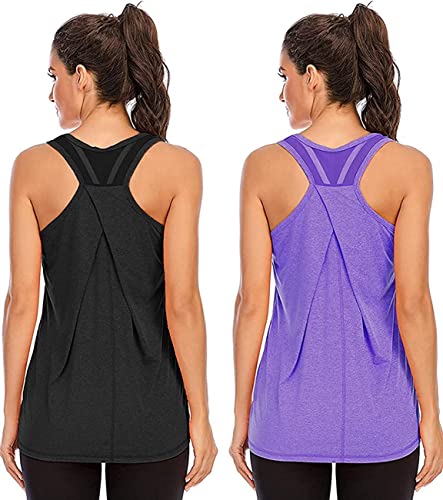 Nekosi Laufshirt Für Damen Atmungsaktives Netz Rücken Sportshirt Mädchen Yoga Training Jogging Sport Tops Schwarz Lila Mittel, 2er Pack von Nekosi