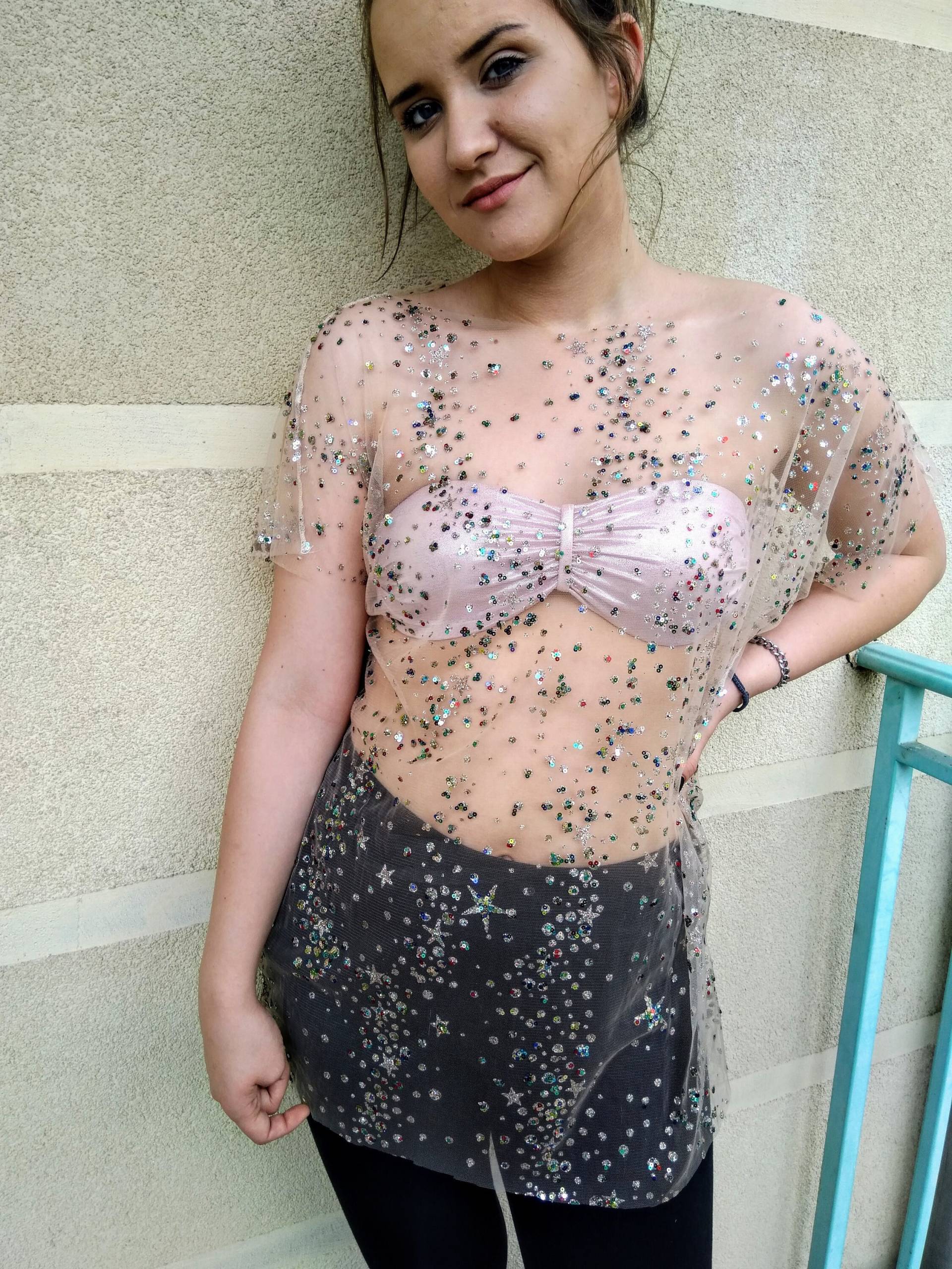 Schiere Bodysuit Bluse. Beige Stern Funkeln Transparent Strass Tüll Shirt Top. Luxus-Dessous von NelaBeeShop