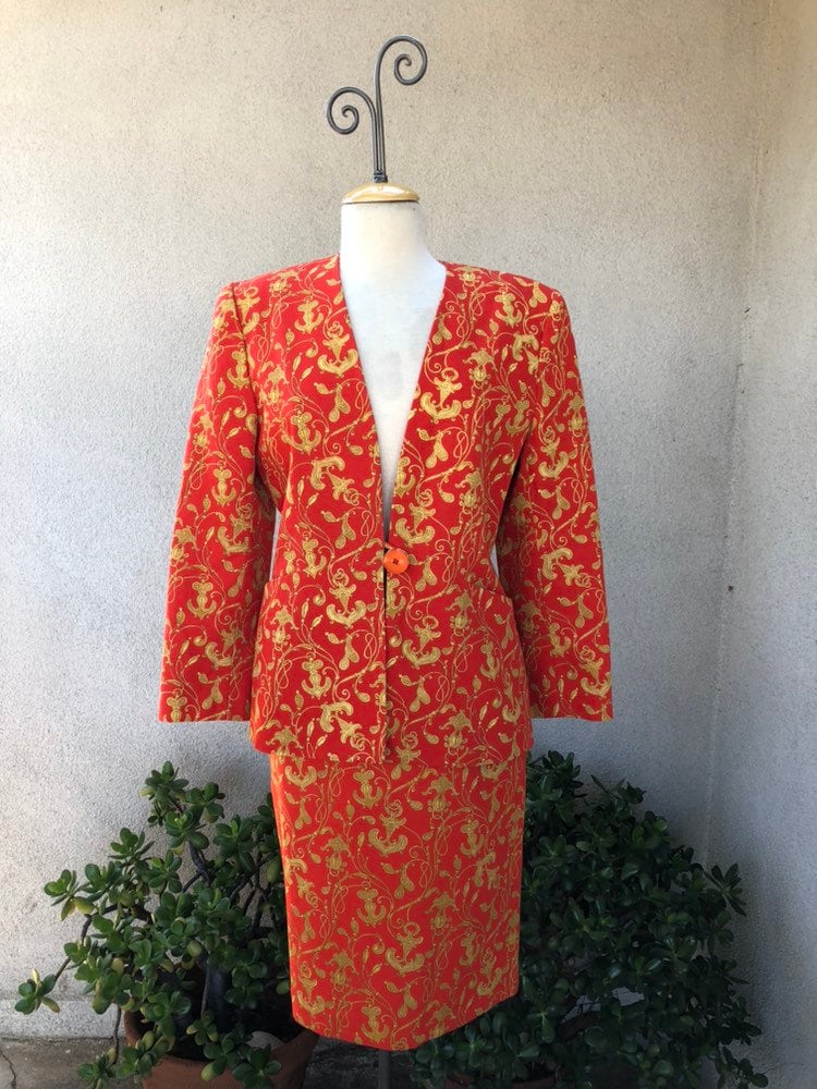 Vintage Electre Paris Anzug Orange Gold Print-Jacken-Rock, Gr. 40 von NelandAda