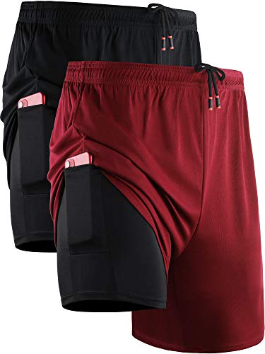 NELEUS Herren 2-in-1 Laufshorts mit Innenfutter, Dry Fit Workout Shorts mit Taschen, 6070 Schwarz/Rot, 2 Stück, Klein von Neleus