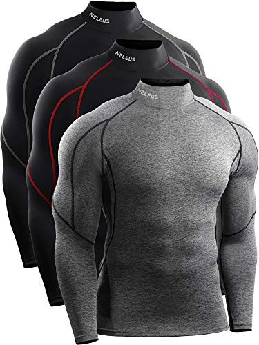 NELEUS Herren 3er-Pack Athletic Kompressionsshirt Laufshirts, Heatlock Stehkragen: Schwarz/Schwarz (rote Streifen)/Grau, Mittel von Neleus