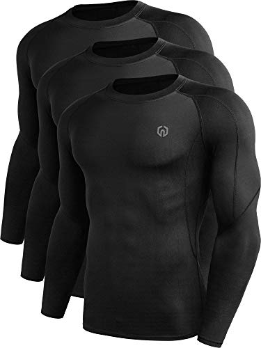 NELEUS Herren 3er-Pack Dry Fit Langarm Kompressionsshirts Workout Laufen Shirts, 5030 Schwarz/Schwarz/Schwarz, 3-er Set, Groß von Neleus