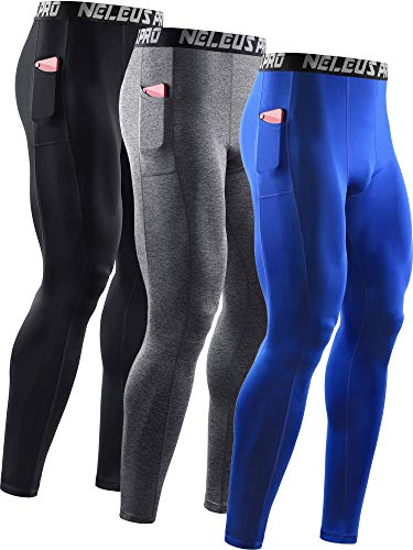 NELEUS Herren Dry Fit Kompression Baselayer Pants Laufhose Leggings mit Handytasche, 6069# Schwarz/Grau/Blau, 3 Stück, Mittel von Neleus