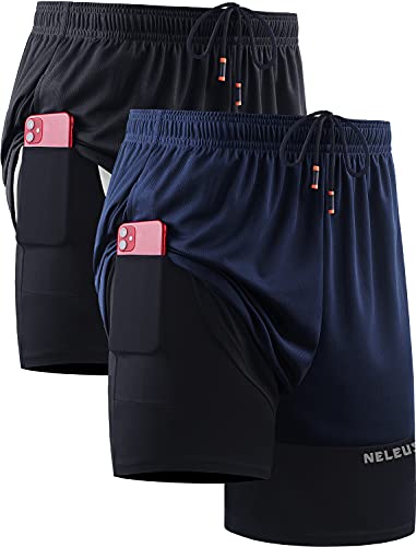 Neleus Herren 2-in-1-Laufshorts mit Innenfutter, Dry Fit Workout-Shorts mit Taschen, 6094# Schwarz/Marineblau, 2 Stück, XX-Large von Neleus