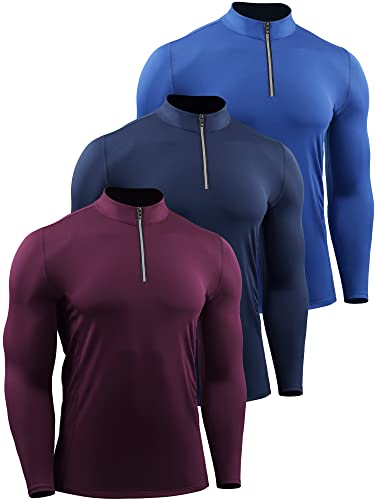 Neleus Herren-Kompressionsshirt, 3er-Pack, Dry Fit, langärmelig, für Workout, Laufshirt, 5086 Rot/Marineblau/Blau, Groß von Neleus