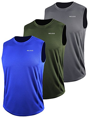 Neleus Herren-Muskelshirt, ärmelloses Top, Dri-Fit-Stoff, Y-förmiger Rücken, 3er-Pack - Grün - Mittel von Neleus