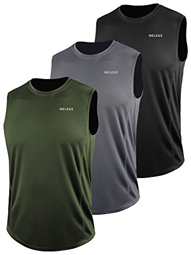 Neleus Herren-Muskelshirt, ärmelloses Top, Dri-Fit-Stoff, Y-förmiger Rücken, 3er-Pack - Schwarz - Groß von Neleus