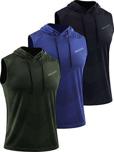 Neleus Herren Workout Tank Tops 3er Pack ärmellose Laufshirts mit Hoodie - Grün - Klein von Neleus