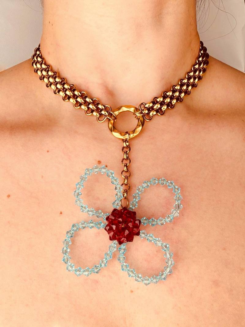 Chunky Kette Blumen Halskette Preciosa Kristall Perlen Anhänger Chunky Kette Blumen Halskette Preciosa Kristall Perlen Anhänger von NelidaJewels