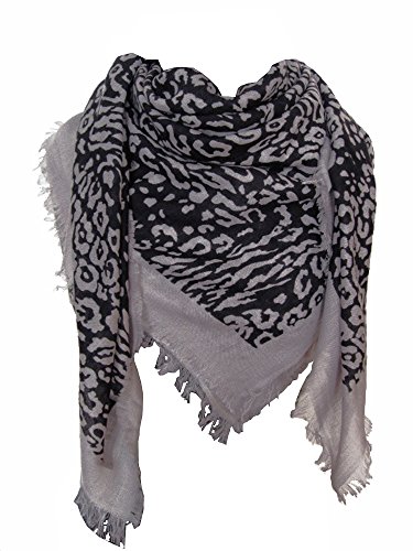 Nella-Mode Traumhaft feines weiches Wolltuch Schultertuch kurze Fransen in Maxi-Grösse ca. 115x115 cm Leo-Design, Schwarz & Grau, Tuch 100% Wolle von Nella-Mode