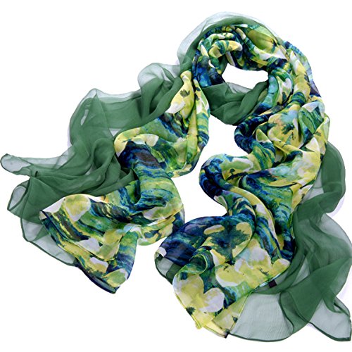 Nella-Mode XXL-SEIDENSCHAL (ca. 195x110cm) besonderes Design: uni Dunkelgrün (Crepe Georgetteseide) und Blüten Muster (Chiffonseide) kombiniert Schal 100% Seide von Nella-Mode