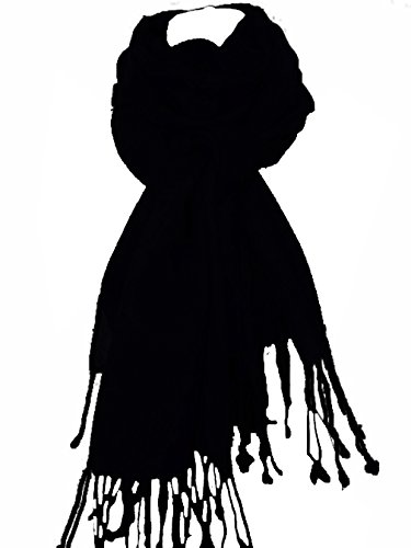 nella-mode XXL Wollschal (205x70 cm inkl Fransen); Feiner & weicher unifarbener Schal Tuch Stola aus 100% Wolle Damenschal in vielen Farben zur Auswahl (Schwarz) von nella-mode