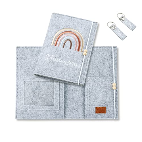 NelliBu 3-teilig Mutterpasshülle aus Filz mit Zwei Schlüsselanhänger,Handmade, Schwangere, Geschenk, Impfpass, Dokumententasche, Ultraschallbild, Organizer, Schutzhülle (Grau), von NelliBu