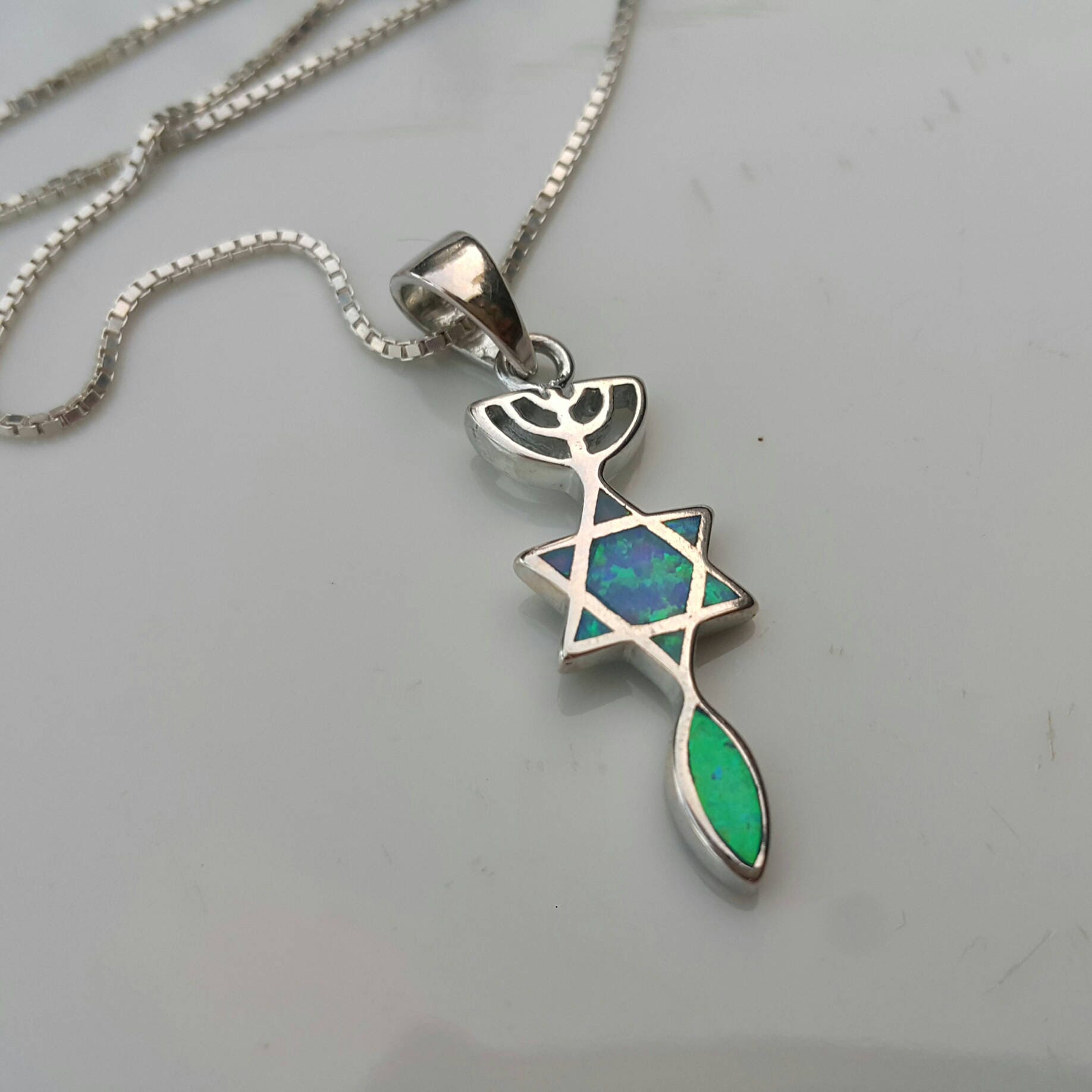 Messianisch Jerusalem Siegel Anhänger Halskette 925 Sterling Silber, Opal, David Stern Menorah Fisch Anhänger, Jüdisch Christlicher Schmuck Geschenk von NellyJewelryShop
