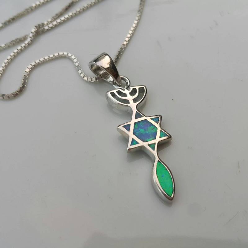 Messianisch Jerusalem Siegel Anhänger Halskette 925 Sterling Silber, Opal, David Stern Menorah Fisch Anhänger, Jüdisch Christlicher Schmuck Geschenk von NellyJewelryShop