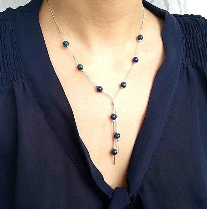 Handgemachte Sterling Silber Eilat Stein Halskette Blau Grüner Edelstein von NellyJewelryShop