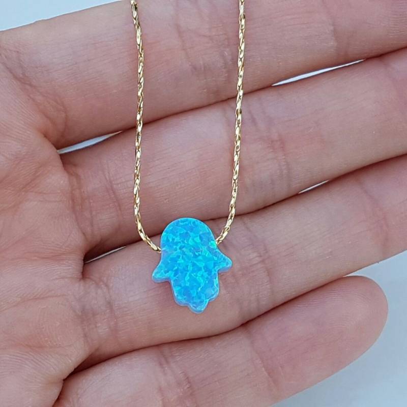 Opal Hamsa Halskette, Gold Gefüllte Hand Zarte Blaue Schmuck von NellyJewelryShop