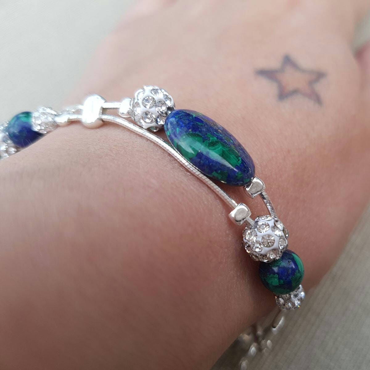Sterling Silber Armband Mit Eilat Stein Und Sw Kristall, Handgemachtes Armband, Lapis, Malachit, Blau Grün Edelstein von NellyJewelryShop