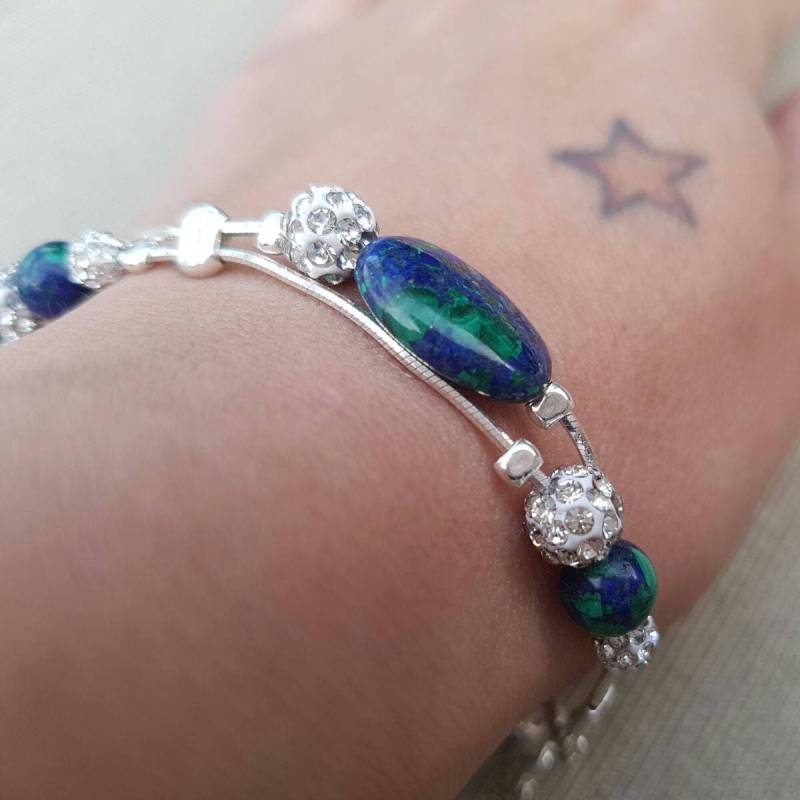 Sterling Silber Armband Mit Eilat Stein Und Sw Kristall, Handgemachtes Armband, Lapis, Malachit, Blau Grün Edelstein von NellyJewelryShop