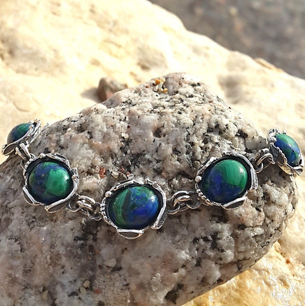 Sterling Silber Azurit-Eilat Stein Armband, Lapis Malachit Blau Grün Natürlicher Edelstein Aus Israel von NellyJewelryShop