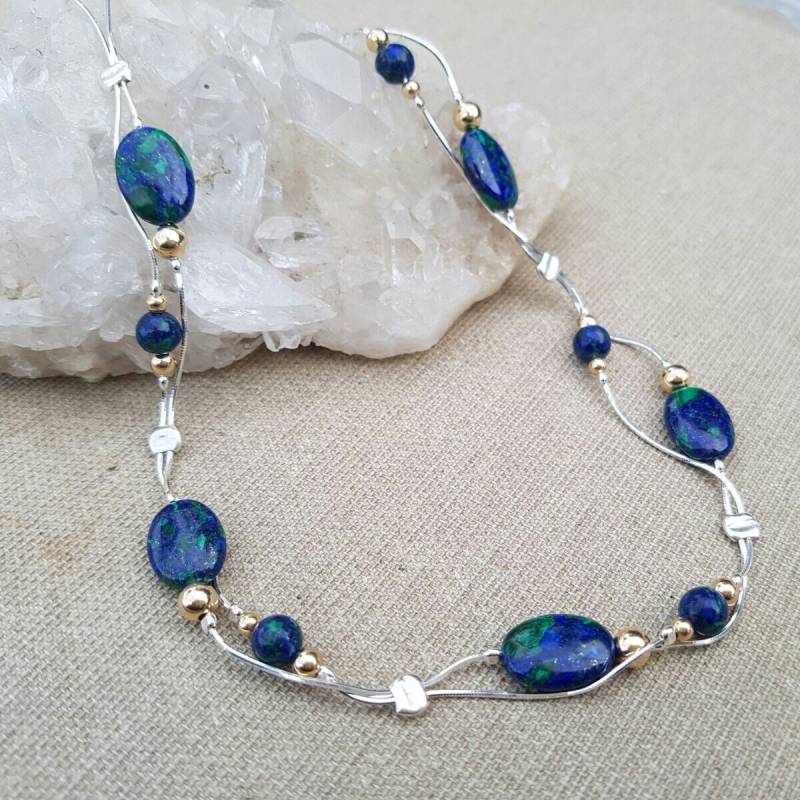 Sterling Silber Eilat Stein Halskette, Azurit Malachit, König Solomon Stein, Made in Israel von NellyJewelryShop
