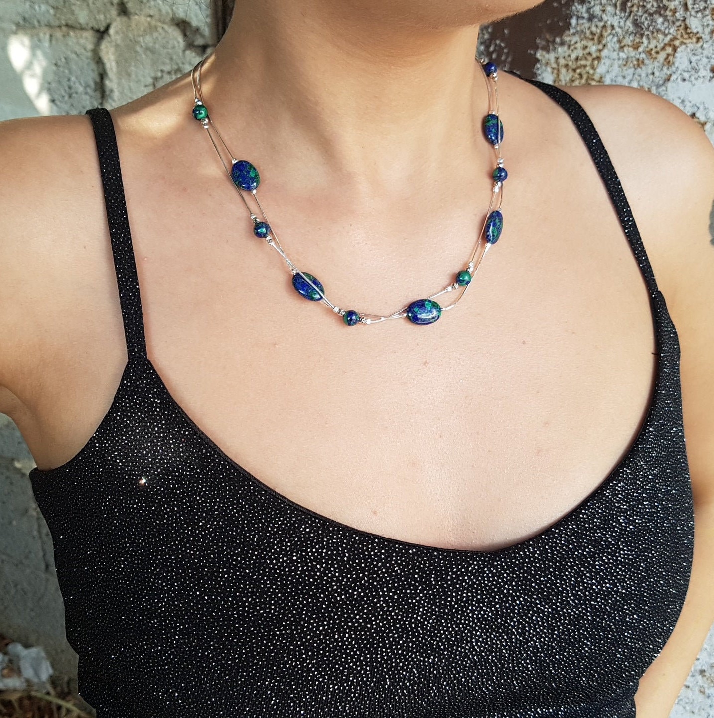 Sterling Silber Halskette Mit Lapis Lazuli-Eilat Stein, Handgemachte Natürliche Blau - Grüne Edelsteinperlen von NellyJewelryShop