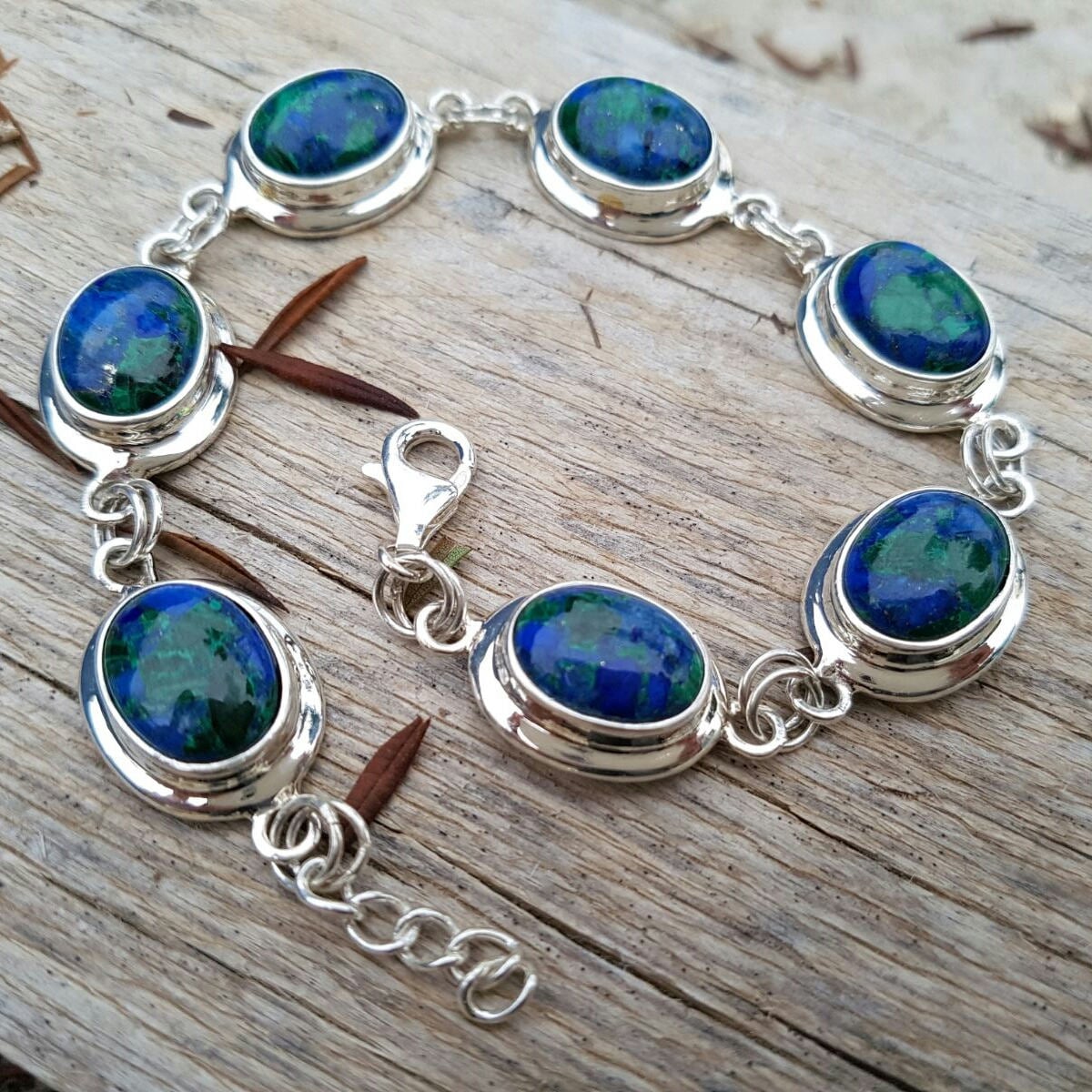 Sterling Silber Lapis-Eilat Stein Armband, Oval Form Links Natürliche Blau Grün Edelstein von NellyJewelryShop