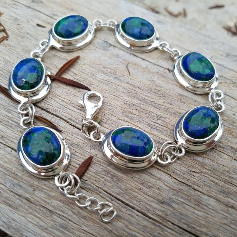 Sterling Silber Lapis-Eilat Stein Armband, Oval Form Links Natürliche Blau Grün Edelstein von NellyJewelryShop