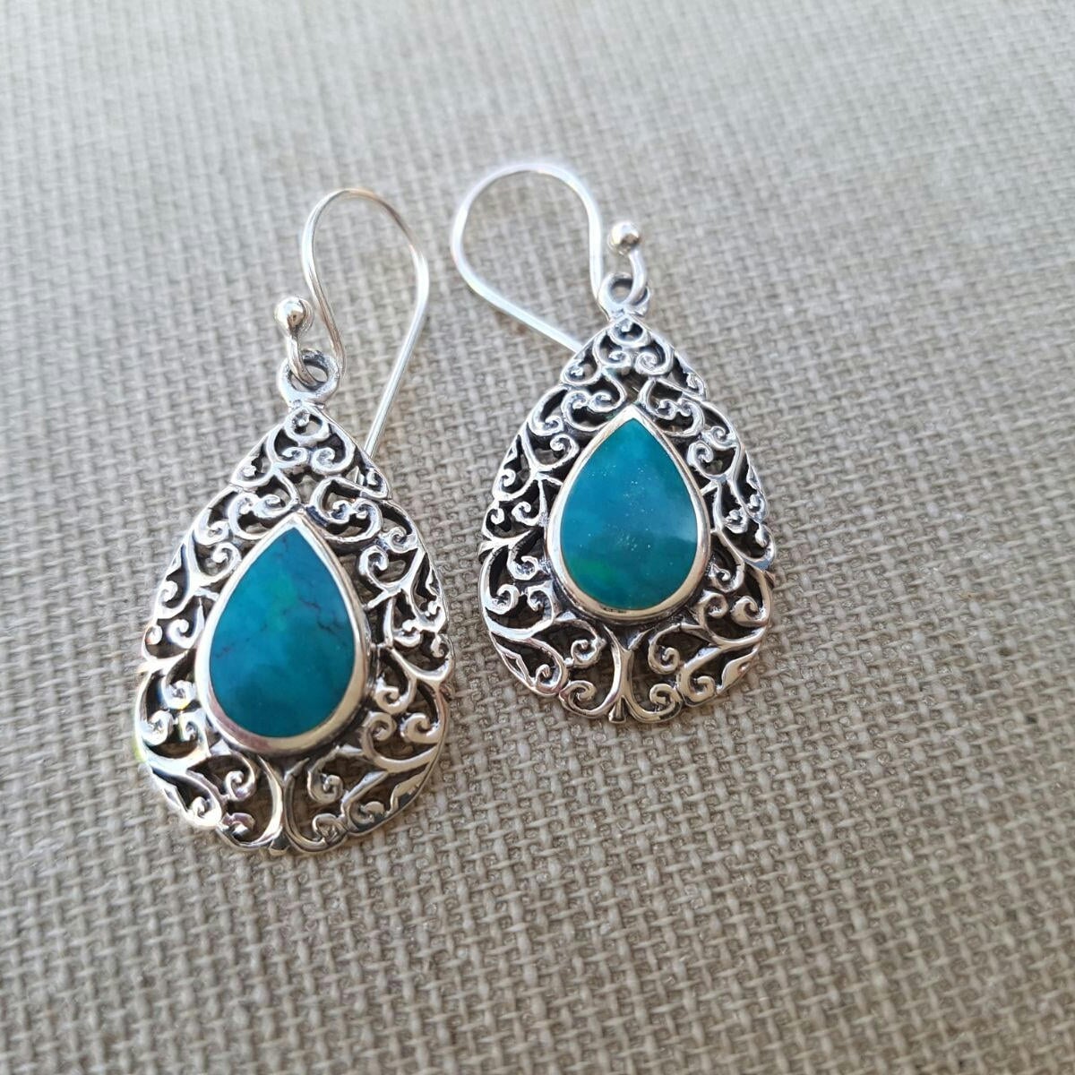 Handgemachte Sterling Silber Eilat Stein Ohrringe Filigranes Design von NellyJewelryShop