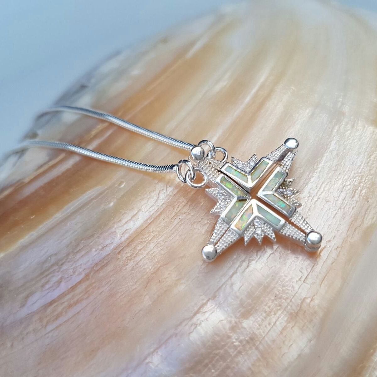 Sterling Silber Zu Öffnende Bethlehem Stern-Halskette Mit Weißem Opal, Kreuz Anhänger Christian Schmuck, Sternkreuz von NellyJewelryShop