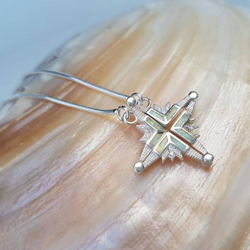 Sterling Silber Zu Öffnende Bethlehem Stern-Halskette Mit Weißem Opal, Kreuz Anhänger Christian Schmuck, Sternkreuz von NellyJewelryShop