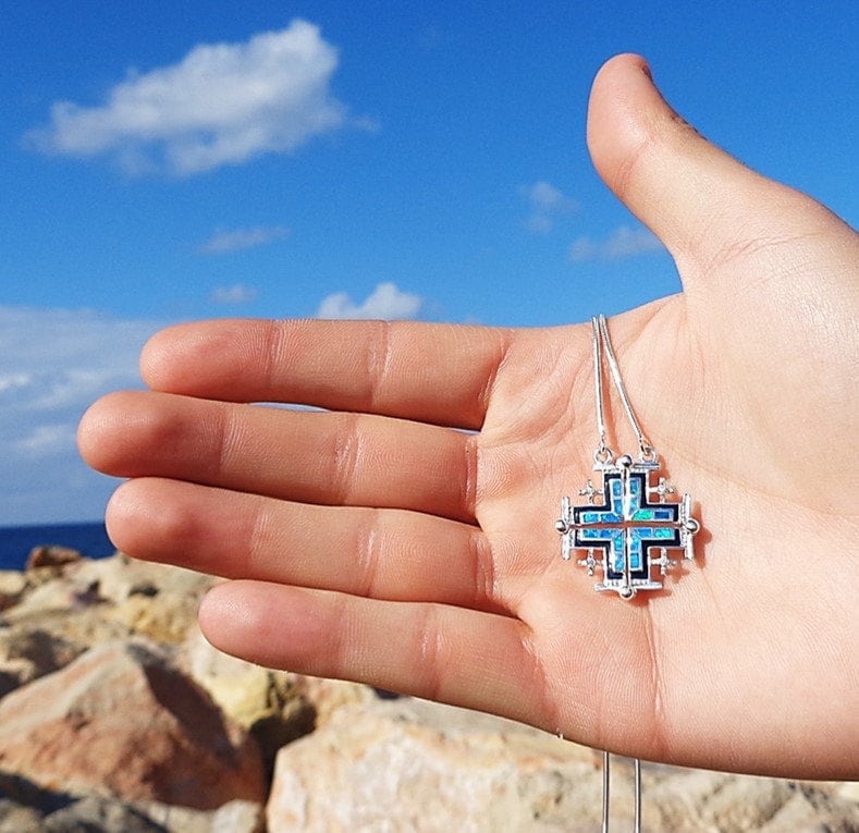 sterling Silber Öffnen in Der Lage Jerusalem Kreuz Halskette Mit Opal, Kreuz, Feueropal von NellyJewelryShop