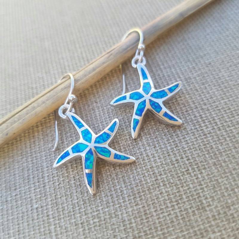 sterling Silber Seestern Ohrringe, Opal Blauer Edelstein von NellyJewelryShop