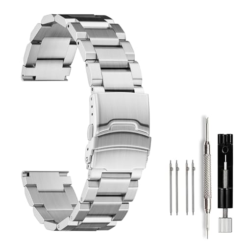 Nelumbo Uhrenarmband aus gebürstetem Edelstahl, für Damen und Herren, Ersatzband, Doppelschnalle, 18 mm, 19 mm, 20 mm, 22 mm, 24 mm, silber, 22MM von Nelumbo
