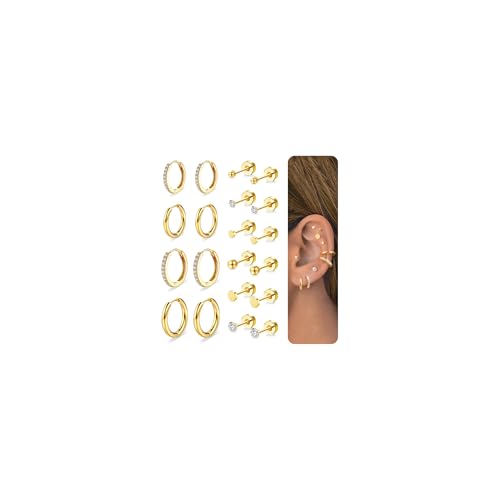 Nelytiya 10 Paar Gold Creolen Ohrstecker Set für Frauen Hypoallergene Chirurgenstahl Ohrringe Zirkonia Klein Knorpel Ohrringe Set Helix Tragus Piercing Ohr Schmuck von Nelytiya