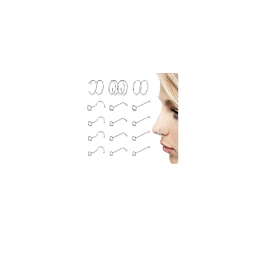 Nelytiya 18 Stück Nasenpiercing Ring Silber Nasenpiercing Stecker Nasenring Hypoallergenes Nostril Piercing Schmuck Set Für Frauen Bauchnabelpiercing von Nelytiya